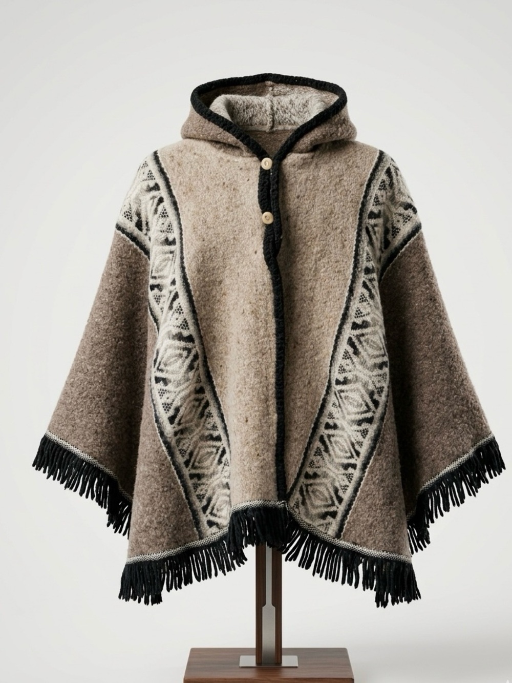 Vintage Milmarte Ecuadorian Handwoven Wool Hooded Fringe Poncho - Aztec Boho OS